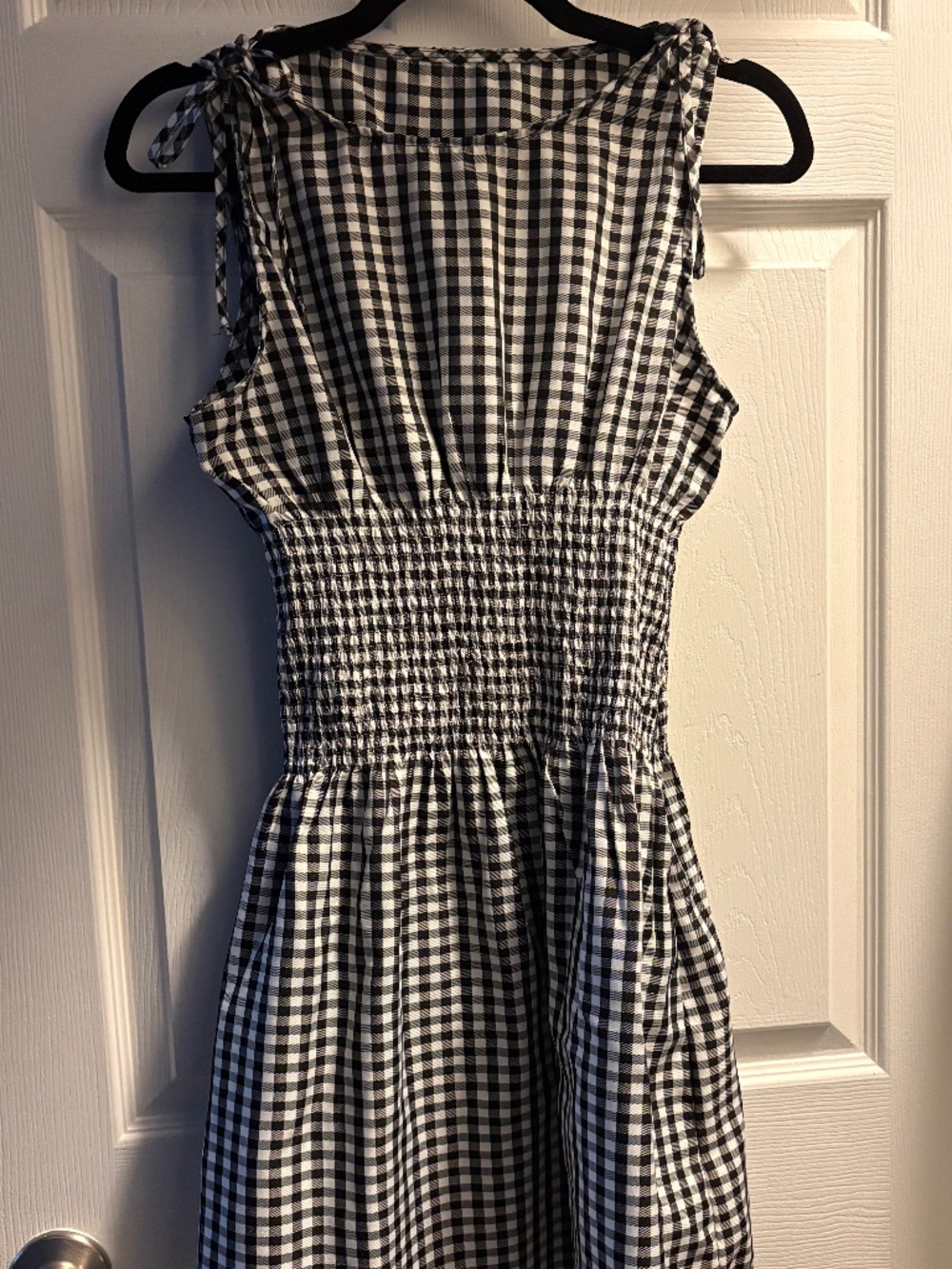 gingham print smocked waist short dress tie shoulder